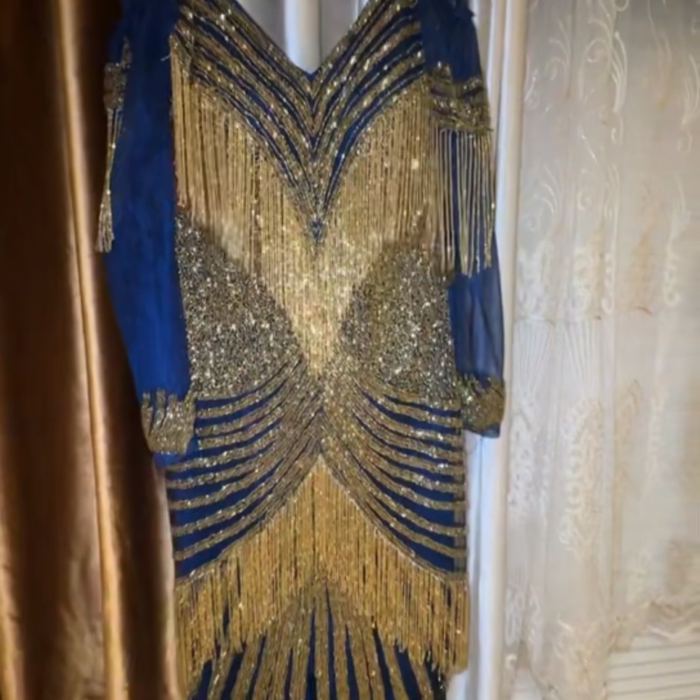 Elegant Blue and Gold Fringe Dress